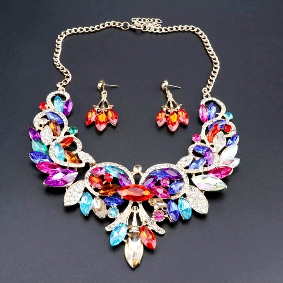 18K gold plated multi color rainbow crystal Necklace earrings set - Picture 7 of 16